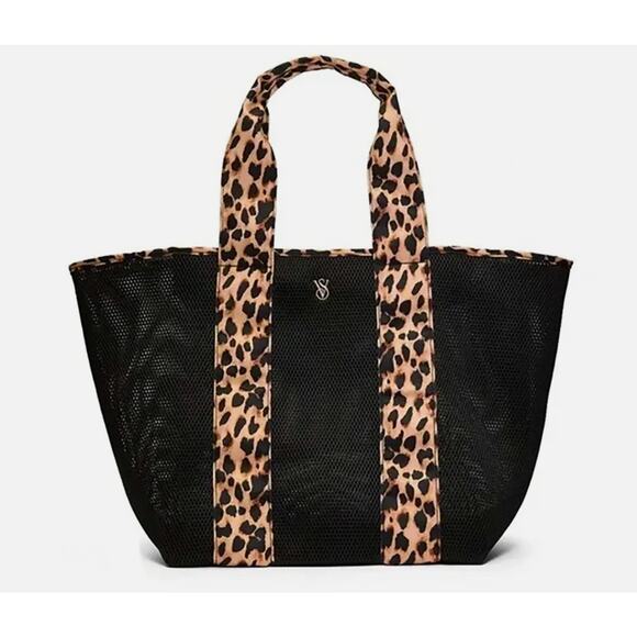 Victoria's Secret Pink Black Mesh Tote Weekender Bag Leopard Trim - Picture 1 of 2